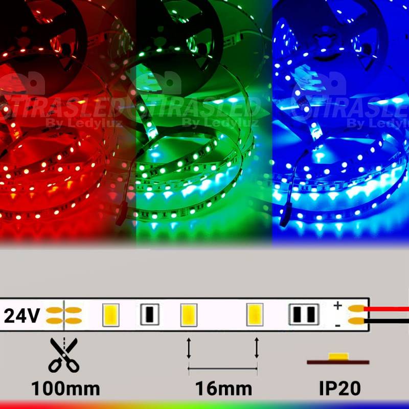 Rollo de Tira LED 24V 14,4W IP20 RGB Cambio Color con medidas y muestras encendidas de color rojo, verde y azul
