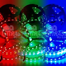 Rollo de Tira LED 24V 14,4W IP20 RGB Cambio Color con medidas y muestras encendidas de color rojo, verde y azul