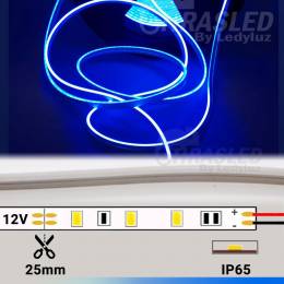 Ficha técnica Neón LED mini 4mm en color de luz azul 12V. Neón flex color azul 4mm 12V 9,6W corte cada 25mm.