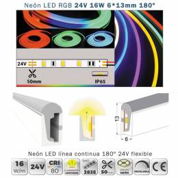 Rollo neón LED cambio de color 24V 6x13mm multicolor. Funda para letras, rótulos y figuras RGB, corte cada 5cm.
