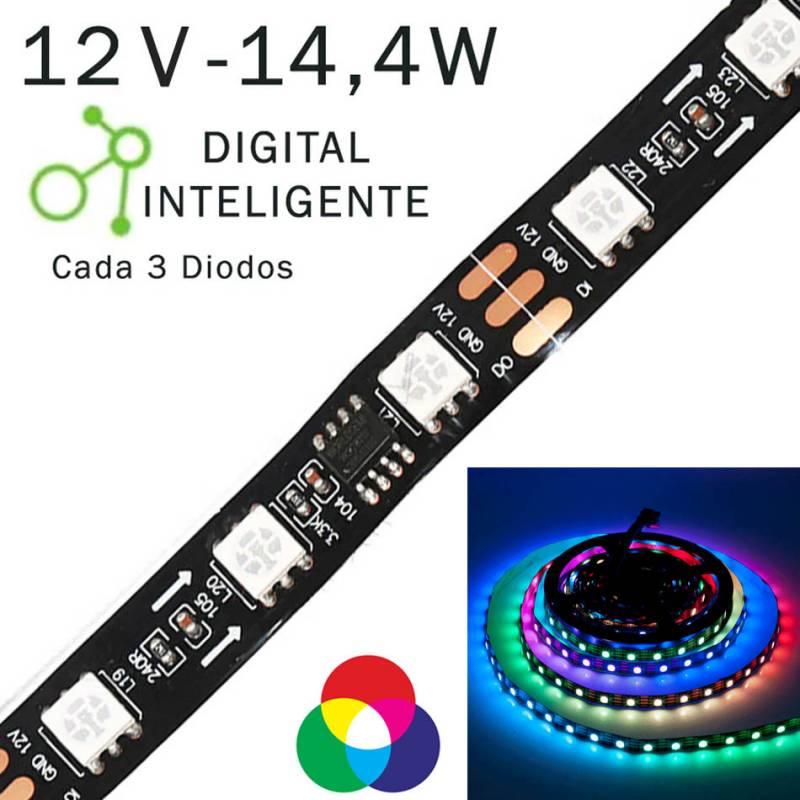 TIRA LED PIXEL DIGITAL RGB 12V CADA 3 DIODOS 60 LEDs POR METRO IP20  Longtitud Metros tira LED Longitud de la tira LED 1 Metro