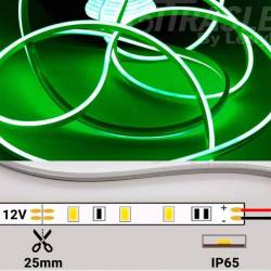Medidas neón LED flex mini 12V 9,6W/m con corte cada 25mm en color de luz verde.