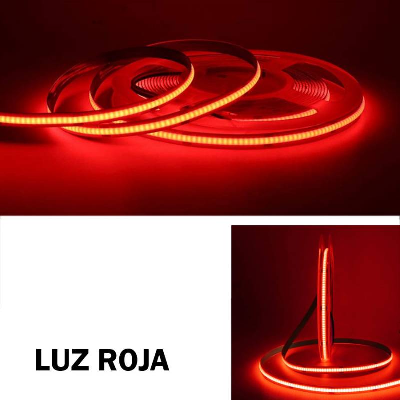 Tira de LED 24V línea continua luz roja, 10W por cada metro lineal IP20 para interior. Cinta LED luz roja sin puntos 24V.