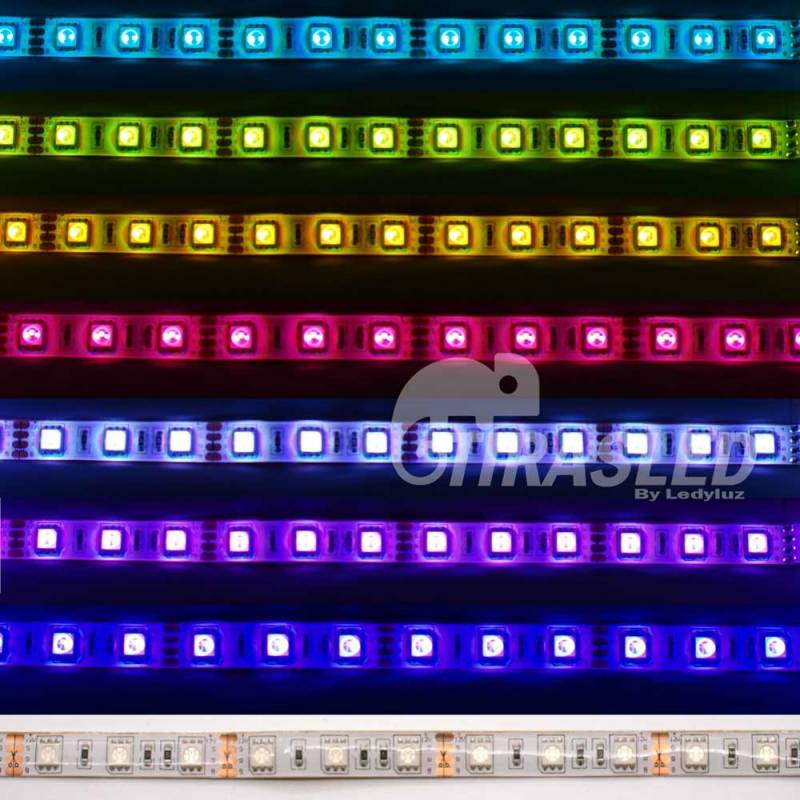 Tira LED 12V 14,4W IP44 RGB Cambio Color muestras de colores encendida
