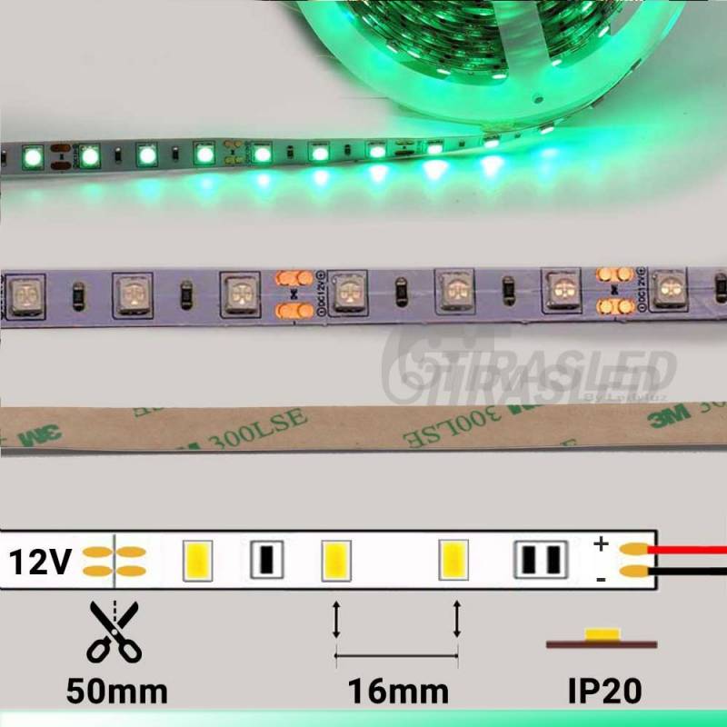 Tira LED 12V 14,4W IP20 Luz Verde con medidas y encendido