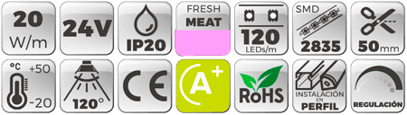Tira LED 24V 20W IP20 Fresh Meat Carne. Botones de características